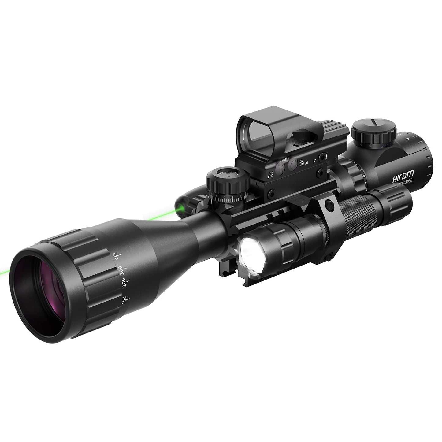 4-16x50 AO Rifle Scope Combo with Green Laser, Reflex Sight, and Flashlight