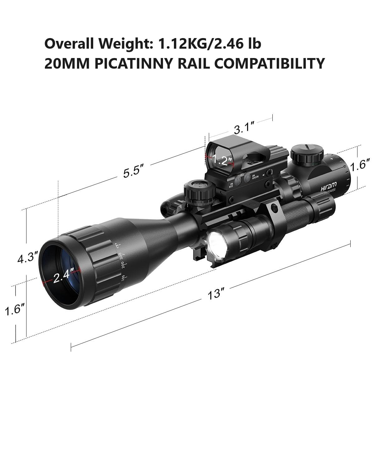 4-16x50 AO Rifle Scope Combo with Green Laser, Reflex Sight, and Flashlight