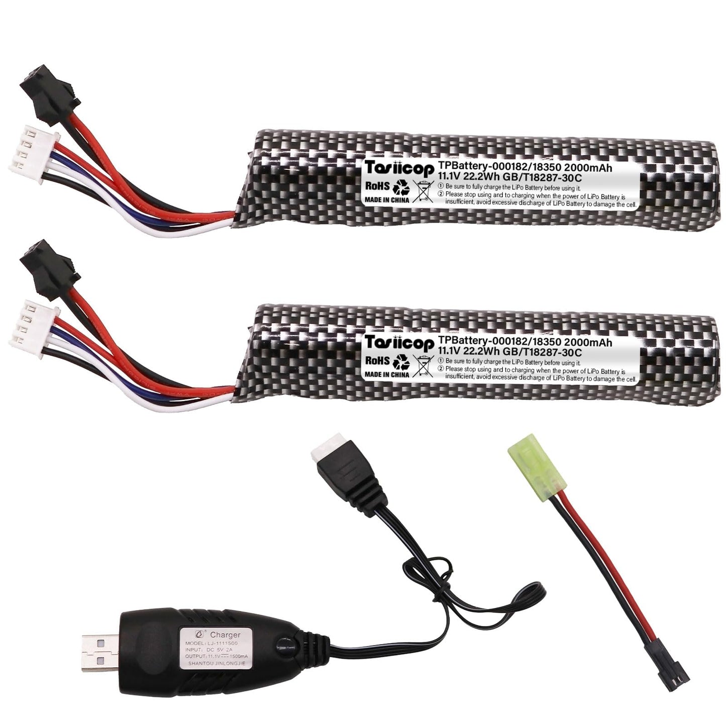 11.1V 2000mAh Airsoft LiPo Batteries with Mini Tamiya Connector (2-Pack)