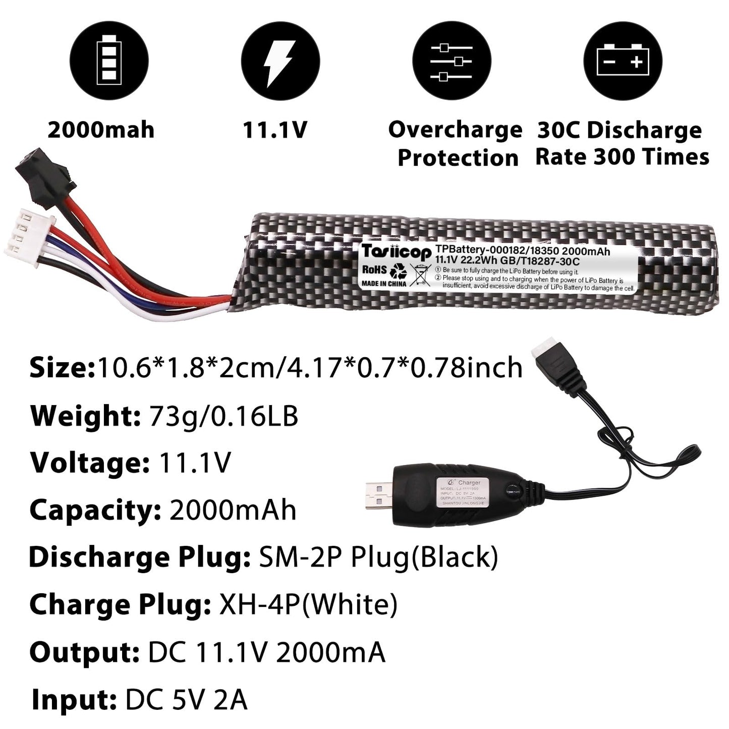 11.1V 2000mAh Airsoft LiPo Batteries with Mini Tamiya Connector (2-Pack)