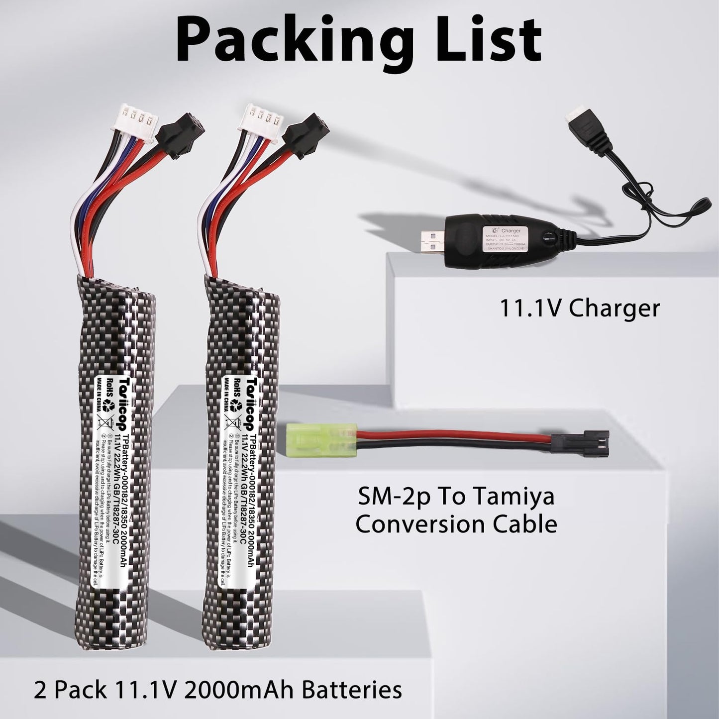 11.1V 2000mAh Airsoft LiPo Batteries with Mini Tamiya Connector (2-Pack)