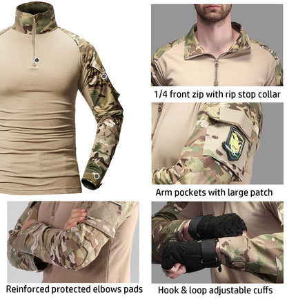 Men's Camo Tactical Combat Shirt with 1/4 Zip