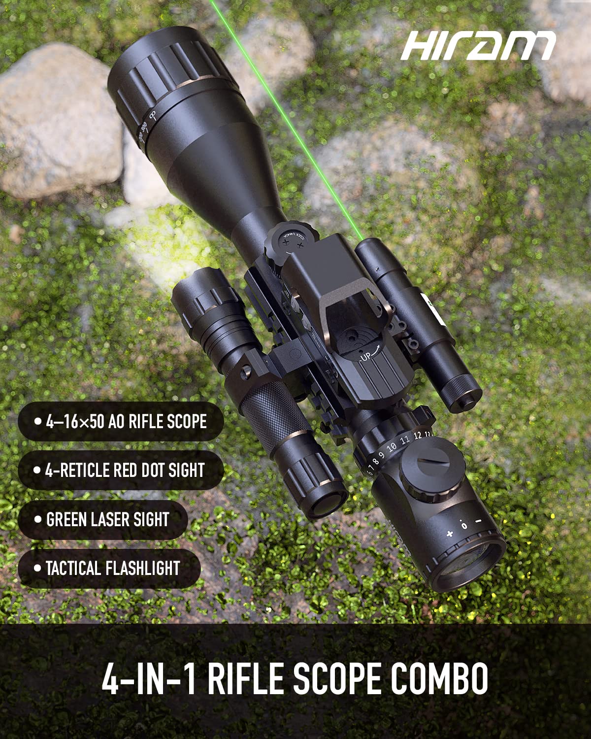 4-16x50 AO Rifle Scope Combo with Green Laser, Reflex Sight, and Flashlight