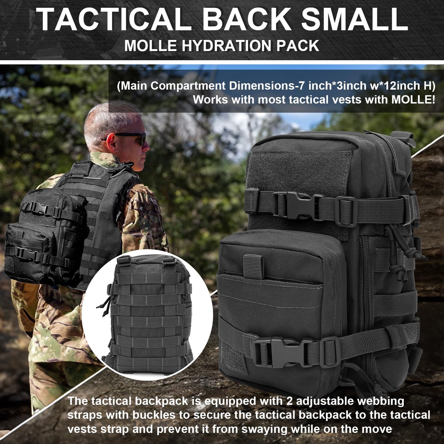 Tactical Hydration Backpack with 1.5L Water Bladder—Mini MOLLE Pack