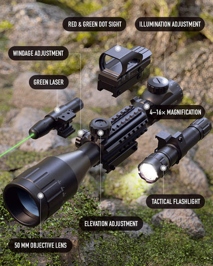 4-16x50 AO Rifle Scope Combo with Green Laser, Reflex Sight, and Flashlight